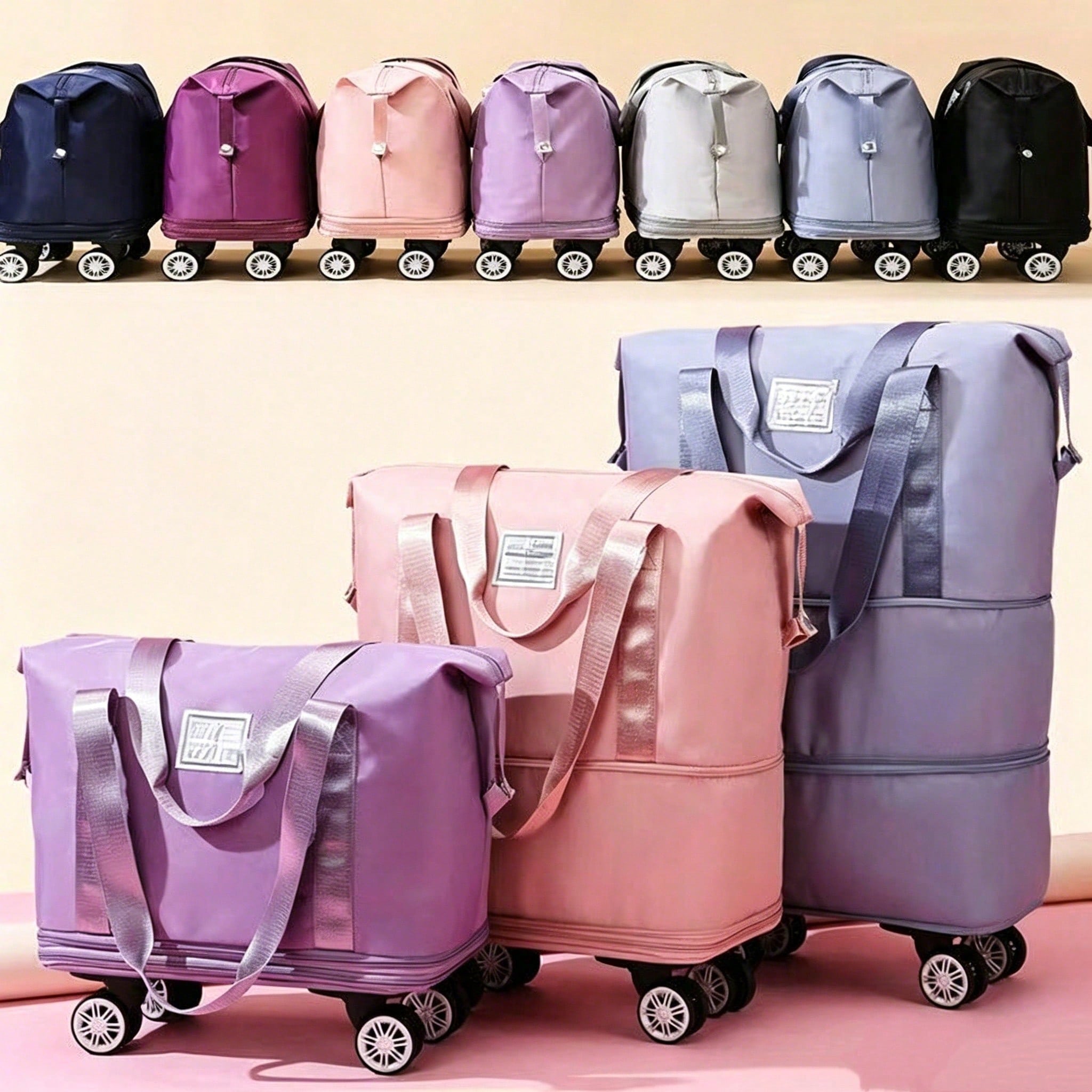 Foldable Rolling Luggage Bag - 拡張可能なキャスター付きダッフルバッグ。バックパックとしても使用可能。航空会社が認める大型の機内持ち込み用バッグ。360度回転機能付き。 ° スピナーホイール付き、折りたたみ式で軽量な週末旅行用ダッフルバッグ。容量は28～58リットルで、調整可能。一泊旅行、ビジネス、キャンプ、ジムなどに最適。
