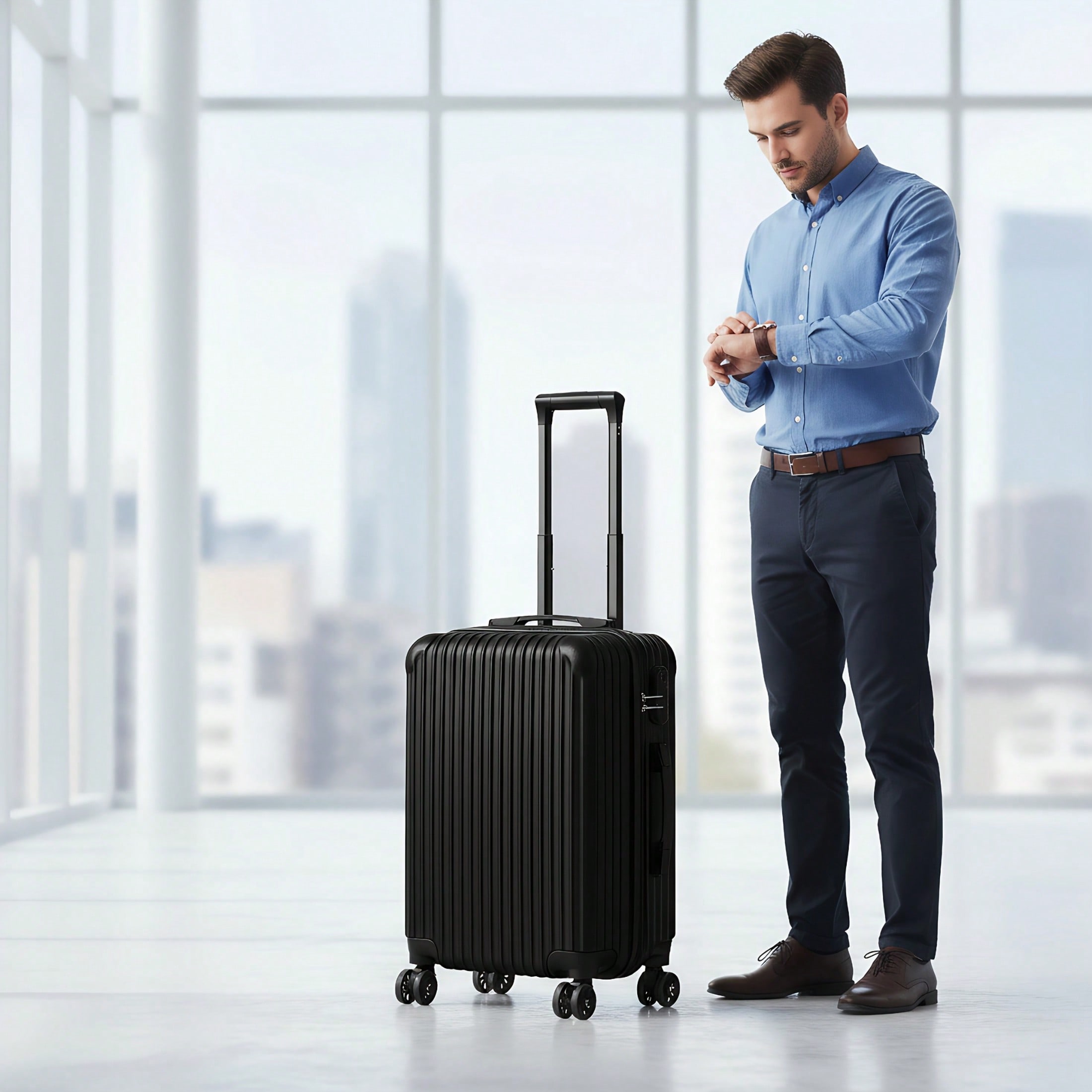 Spinner Wheel Rolling Suitcase 20 Inch - 20インチのハードシェルキャリーオンスーツケース、黒の縦縞模様、ABS製高硬度素材、360度回転キャスター ° 回転式のキャスターと長さ調節可能な伸縮ハンドルを備え、軽量で持ち運びやすいため、航空機での移動、学生の通学、出張に最適です。