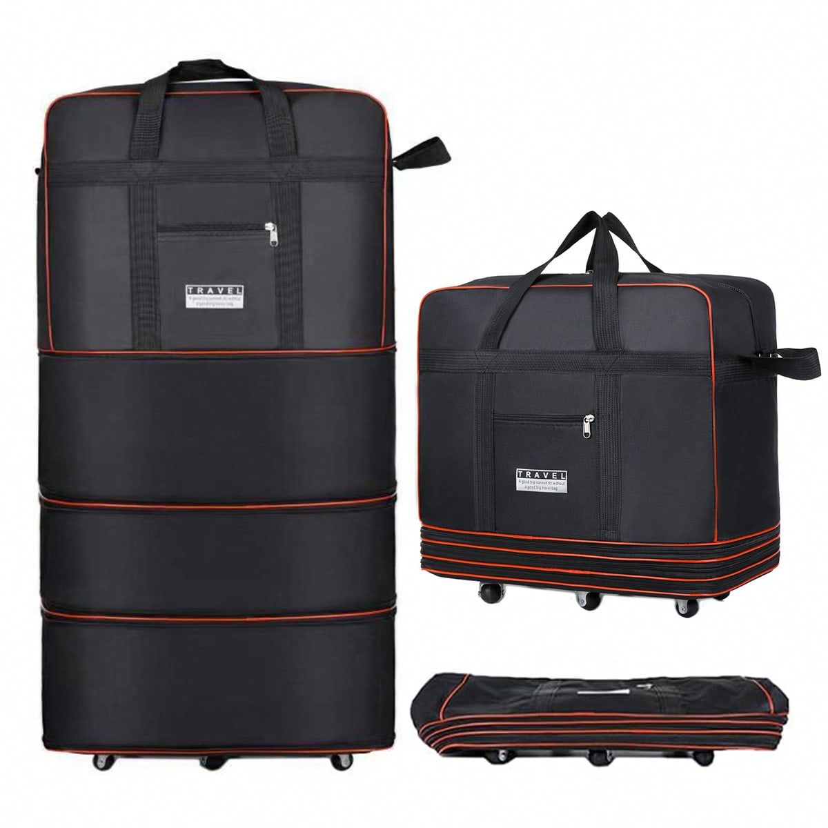 ブラックの折りたたみ式キャスター付き旅行用ダッフルバッグ。拡 - Foldable Rolling Luggage Bag のレビューと価格
