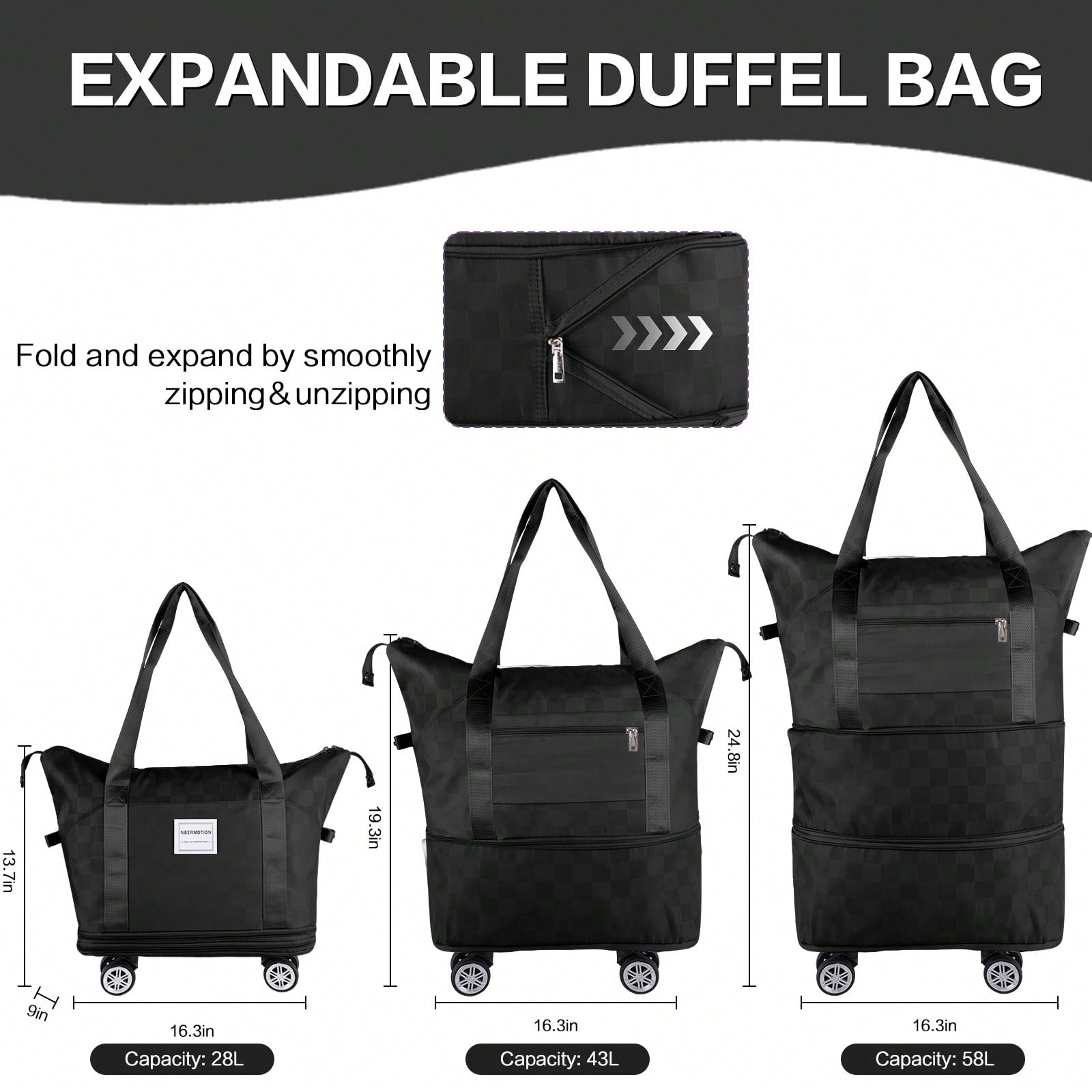 拡張可能なキャスター付きダッフルバッグ。バックパックとしても - Foldable Rolling Luggage Bag のレビューと価格
