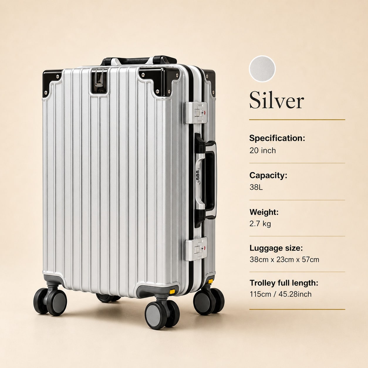 20インチの機内持ち込み可能なスーツケース。PC製のハードシ - Aluminum Frame Carry On Luggage のレビューと価格